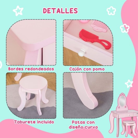 Homcom Toucador de Brincar em Madeira com Banco e Espelho 60x36x88cm 3-6 Anos