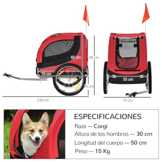 Pawhut Remolque Bicicleta Perro Mascota Bandera Reflectores Barra De Tracción