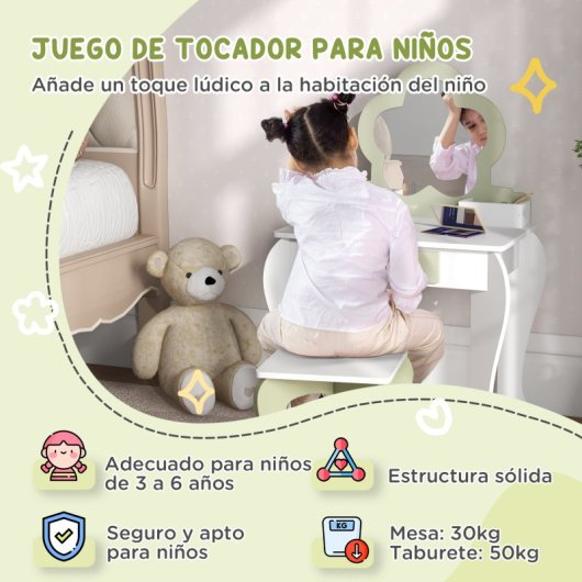 Zonekiz Toucador de Brincar com Espelho e Banco 55x34x87,5cm Branco/Verde