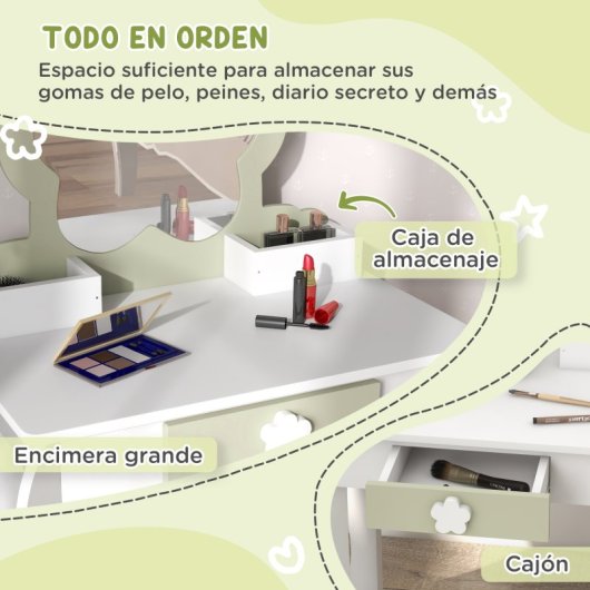 Zonekiz Toucador de Brincar com Espelho e Banco 55x34x87,5cm Branco/Verde