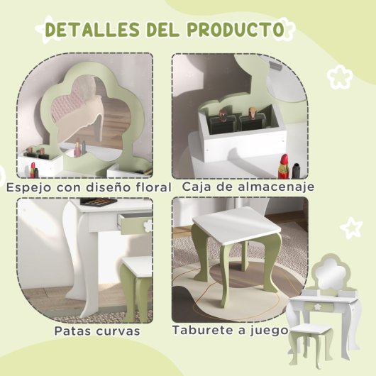 Zonekiz Toucador de Brincar com Espelho e Banco 55x34x87,5cm Branco/Verde