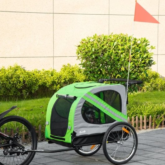 Pawhut Remolque De Bicicleta Perros Con Puertas Bandera Y 6 Reflectores Verde