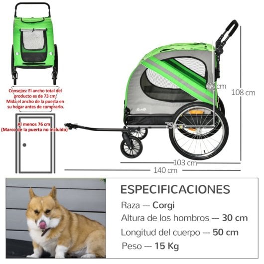 Pawhut Remolque De Bicicleta Perros Con Puertas Bandera Y 6 Reflectores Verde