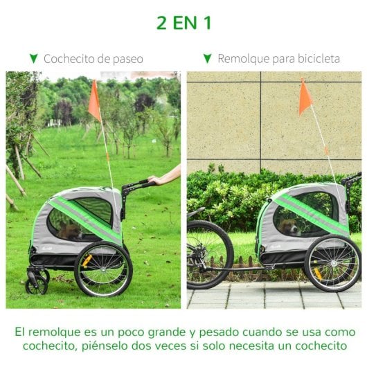 Pawhut Remolque De Bicicleta Perros Con Puertas Bandera Y 6 Reflectores Verde
