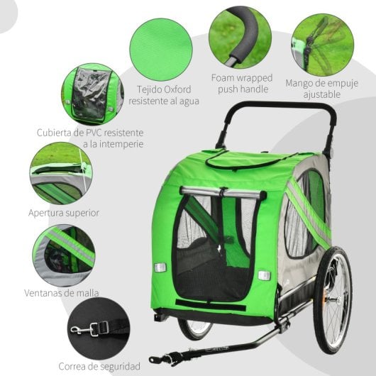 Pawhut Remolque De Bicicleta Perros Con Puertas Bandera Y 6 Reflectores Verde