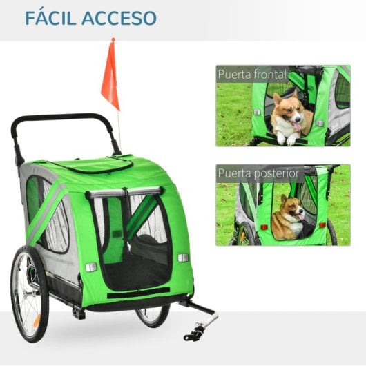 Pawhut Remolque De Bicicleta Perros Con Puertas Bandera Y 6 Reflectores Verde
