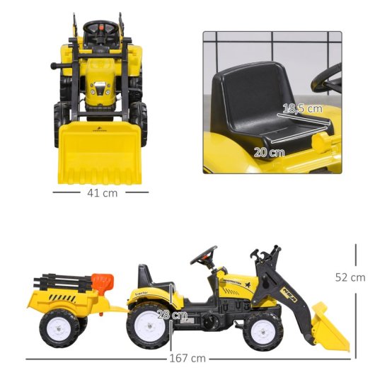 Homcom Tractor A Pedales Para Niños De 3 Años Con Remolque 167x41x52 Cm Amarillo