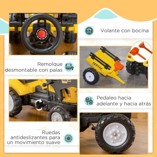 Homcom Tractor A Pedales Para Niños De 3 Años Con Remolque 167x41x52 Cm Amarillo