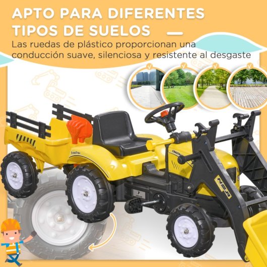 Homcom Tractor A Pedales Para Niños De 3 Años Con Remolque 167x41x52 Cm Amarillo