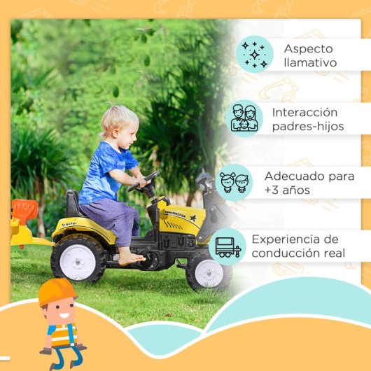 Homcom Tractor A Pedales Para Niños De 3 Años Con Remolque 167x41x52 Cm Amarillo