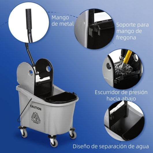 Homcom Cubo De Fregona Con Ruedas Capacidad De 36l 54x41x91,5 Cm Gris