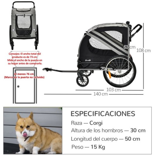 Pawhut Reboque De Bicicleta Cães Com Portas Bandeira e 6 Reflectores Cinzento