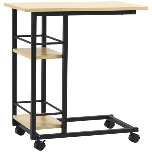 Homcom Mesa Auxiliar Con Ruedas Forma De C Con 2 Estantes Frenos 60x34,5x64,5 Cm