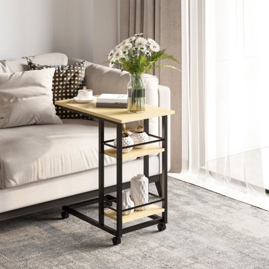 Homcom Mesa Auxiliar Con Ruedas Forma De C Con 2 Estantes Frenos 60x34,5x64,5 Cm