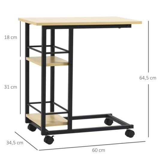 Homcom Mesa Auxiliar Con Ruedas Forma De C Con 2 Estantes Frenos 60x34,5x64,5 Cm