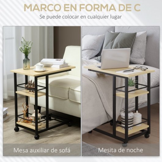 Homcom Mesa Auxiliar Con Ruedas Forma De C Con 2 Estantes Frenos 60x34,5x64,5 Cm