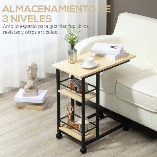 Homcom Mesa Auxiliar Con Ruedas Forma De C Con 2 Estantes Frenos 60x34,5x64,5 Cm