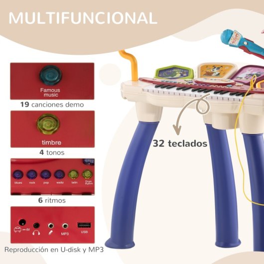Aiyaplay Piano Electrónico Infantil 2 En 1 De 32 Teclas 74x32,2x71 Cm Multicolor