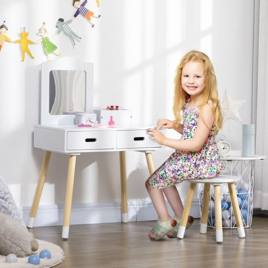 Zonekiz Tocador Para Niñas De 3-6 Años Con Taburete Y Espejo 60x40x95 Cm Blanco