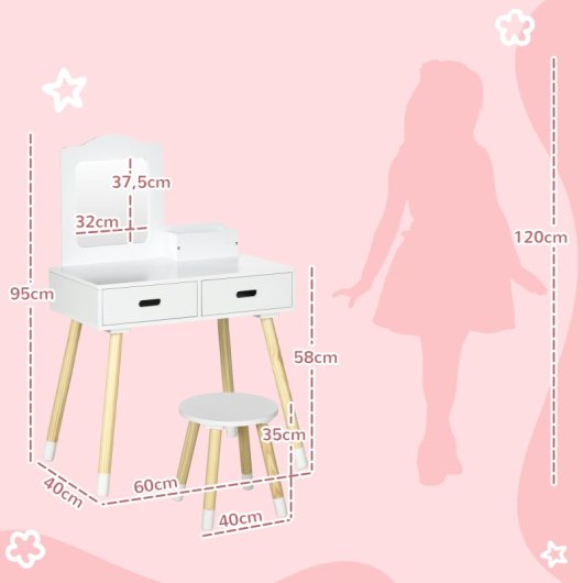 Zonekiz Tocador Para Niñas De 3-6 Años Con Taburete Y Espejo 60x40x95 Cm Blanco