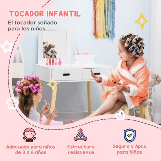 Zonekiz Tocador Para Niñas De 3-6 Años Con Taburete Y Espejo 60x40x95 Cm Blanco