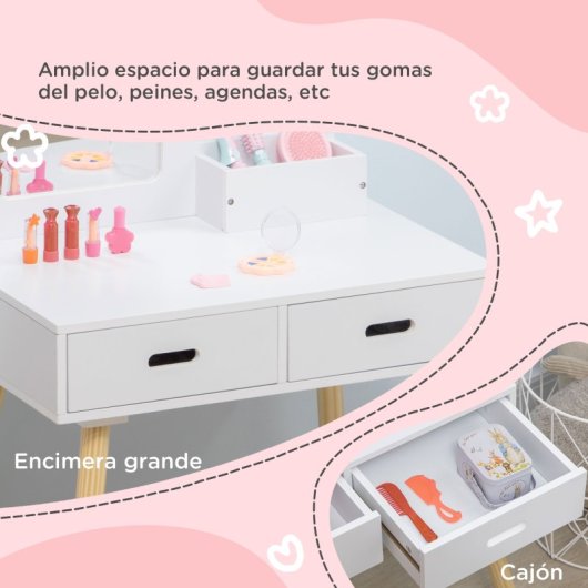 Zonekiz Tocador Para Niñas De 3-6 Años Con Taburete Y Espejo 60x40x95 Cm Blanco
