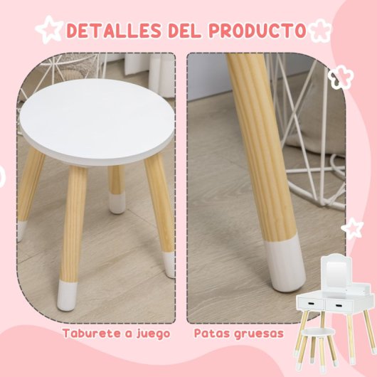 Zonekiz Tocador Para Niñas De 3-6 Años Con Taburete Y Espejo 60x40x95 Cm Blanco