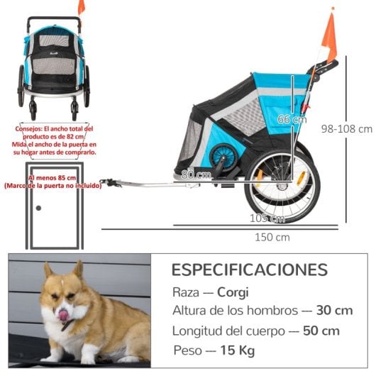 Pawhut Reboque Bicicleta Cães Dobrável 2 Em 1 Com Pega Ajustável 40 Kg Azul