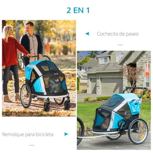 Pawhut Reboque Bicicleta Cães Dobrável 2 Em 1 Com Pega Ajustável 40 Kg Azul