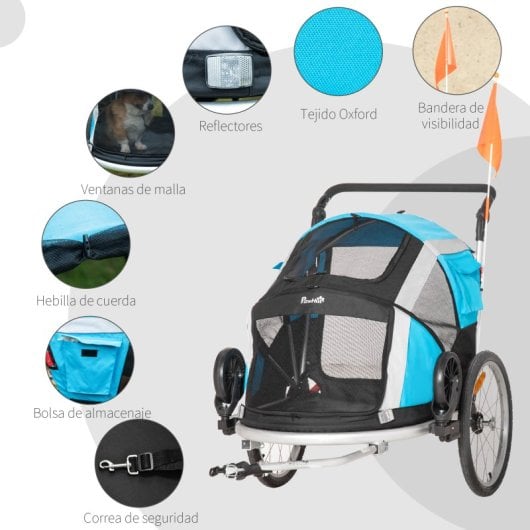 Pawhut Reboque Bicicleta Cães Dobrável 2 Em 1 Com Pega Ajustável 40 Kg Azul
