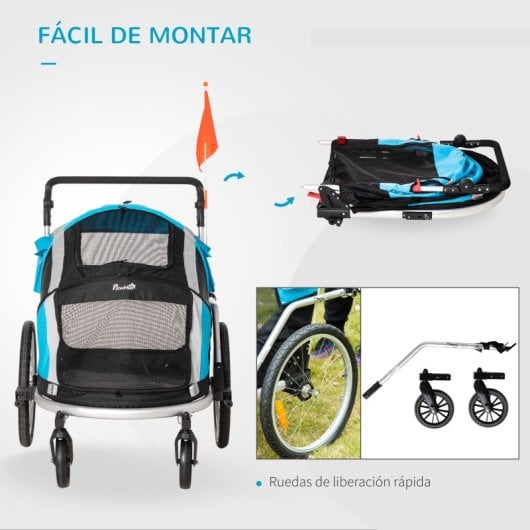 Pawhut Reboque Bicicleta Cães Dobrável 2 Em 1 Com Pega Ajustável 40 Kg Azul