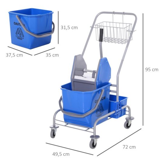 Homcom Carro De Limpeza Profissional Balde Extraível De 25 L 72x49,5x95 Cm Azul