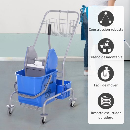 Homcom Carro De Limpeza Profissional Balde Extraível De 25 L 72x49,5x95 Cm Azul