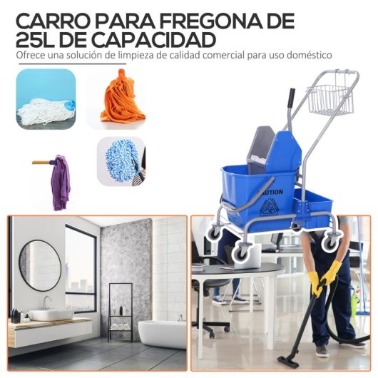 Homcom Carro De Limpeza Profissional Balde Extraível De 25 L 72x49,5x95 Cm Azul
