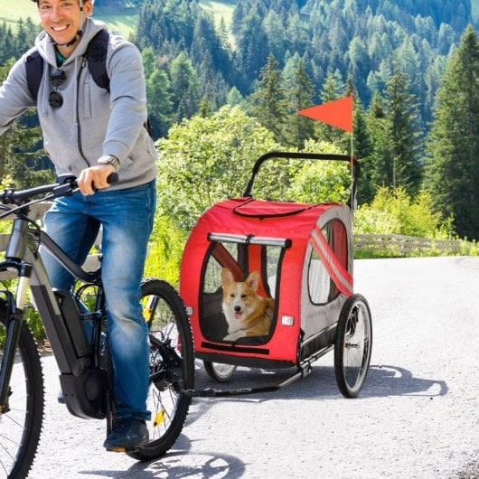Pawhut Remolque De Bicicleta Perros Con Puertas Bandera Y 6 Reflectores Rojo