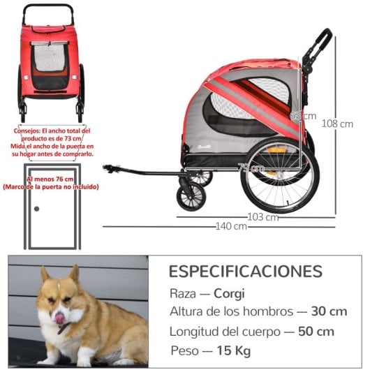 Pawhut Remolque De Bicicleta Perros Con Puertas Bandera Y 6 Reflectores Rojo