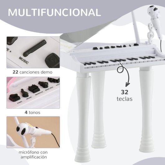 Aiyaplay Piano Electrónico Infantil Con Taburete 37x30,5x60,4 Cm Blanco