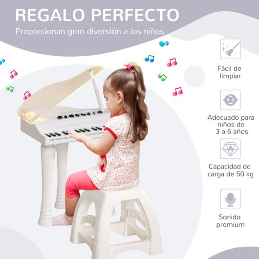 Aiyaplay Piano Electrónico Infantil Con Taburete 37x30,5x60,4 Cm Blanco