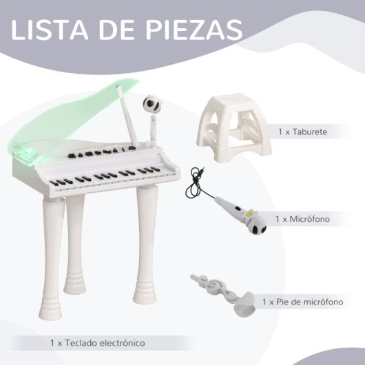 Aiyaplay Piano Electrónico Infantil Con Taburete 37x30,5x60,4 Cm Blanco