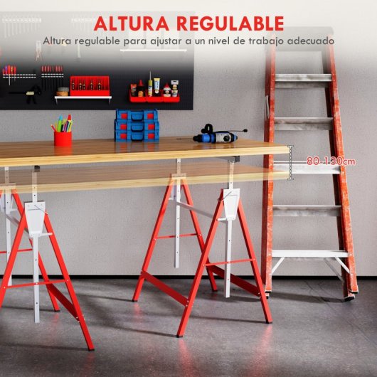 Homcom 2 Caballetes Telescópicos Plegables Con Altura Ajustable 80-130 Cm Rojo