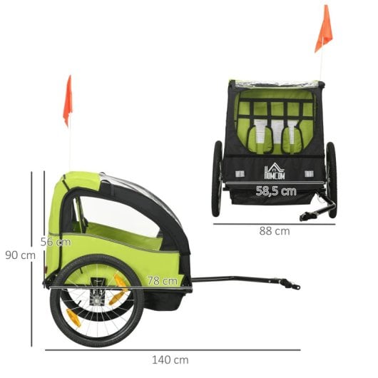 Homcom Remolque De Bicicleta Para Niños +18 Meses De 2 Plazas 140x88x90 Cm Verde