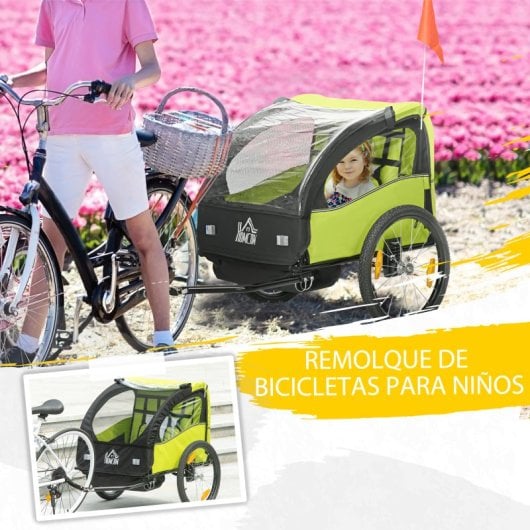 Homcom Remolque De Bicicleta Para Niños +18 Meses De 2 Plazas 140x88x90 Cm Verde