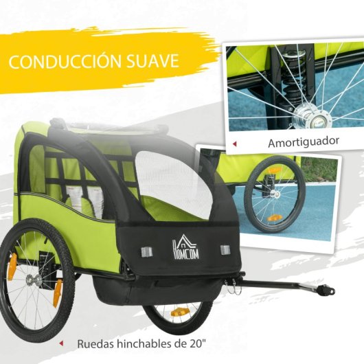 Homcom Remolque De Bicicleta Para Niños +18 Meses De 2 Plazas 140x88x90 Cm Verde