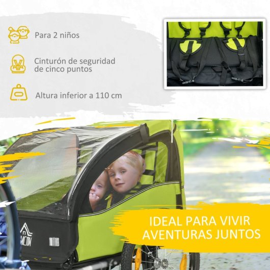Homcom Remolque De Bicicleta Para Niños +18 Meses De 2 Plazas 140x88x90 Cm Verde