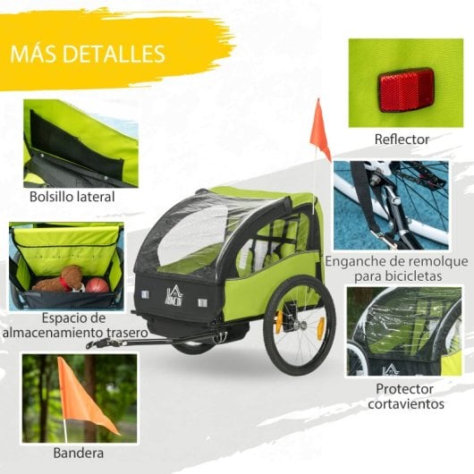 Homcom Remolque De Bicicleta Para Niños +18 Meses De 2 Plazas 140x88x90 Cm Verde