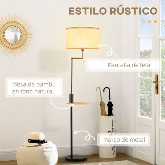 Homcom Lámpara De Pie Mesita Casquillo E27 Máx. 40w Pantalla De Lino Ø40x168 Cm