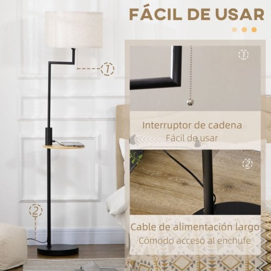 Homcom Lámpara De Pie Mesita Casquillo E27 Máx. 40w Pantalla De Lino Ø40x168 Cm