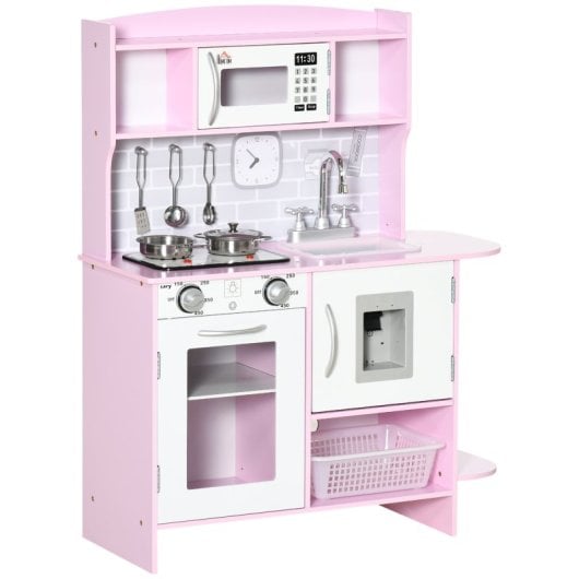 Homcom Cocina De Juguete Madera Para Niños +3 Años Con Luz Sonidos 70x29x90 Cm