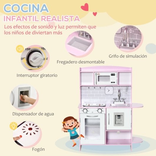 Homcom Cocina De Juguete Madera Para Niños +3 Años Con Luz Sonidos 70x29x90 Cm