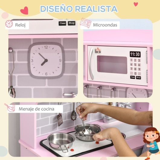 Homcom Cocina De Juguete Madera Para Niños +3 Años Con Luz Sonidos 70x29x90 Cm